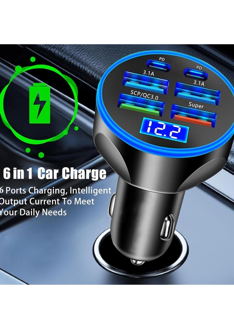Super Fast Charge USB C Car Phone Charger Adapter 6 in 1 with Voltage Display 250W Multi Port Cigarette Lighter USB Charge for iPhone 16 15 14 13 12 11 Samsung Galaxy Huawei Oneplus Oppo Vivo  - Image 3