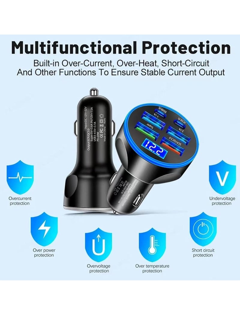 Super Fast Charge USB C Car Phone Charger Adapter 6 in 1 with Voltage Display 250W Multi Port Cigarette Lighter USB Charge for iPhone 16 15 14 13 12 11 Samsung Galaxy Huawei Oneplus Oppo Vivo  - Image 5
