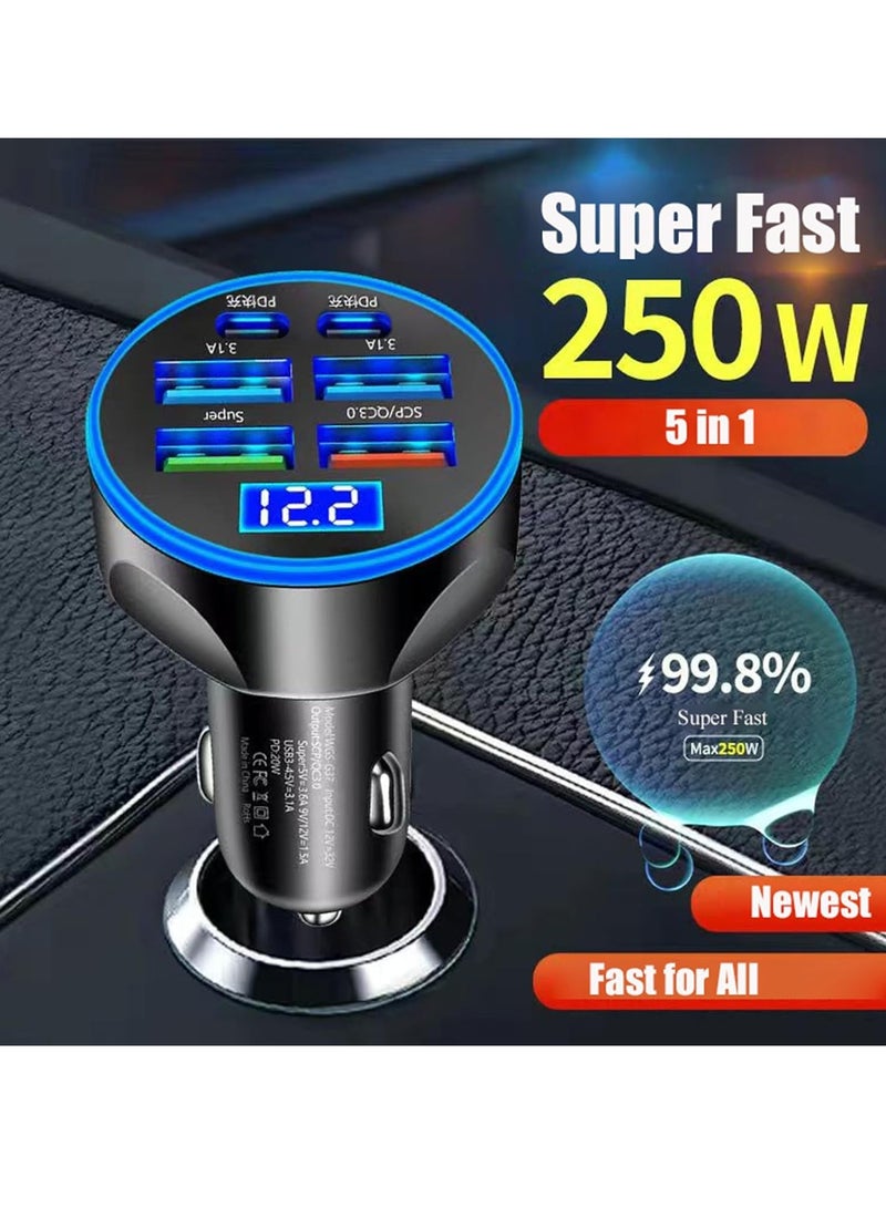 Super Fast Charge USB C Car Phone Charger Adapter 6 in 1 with Voltage Display 250W Multi Port Cigarette Lighter USB Charge for iPhone 16 15 14 13 12 11 Samsung Galaxy Huawei Oneplus Oppo Vivo  - Image 4
