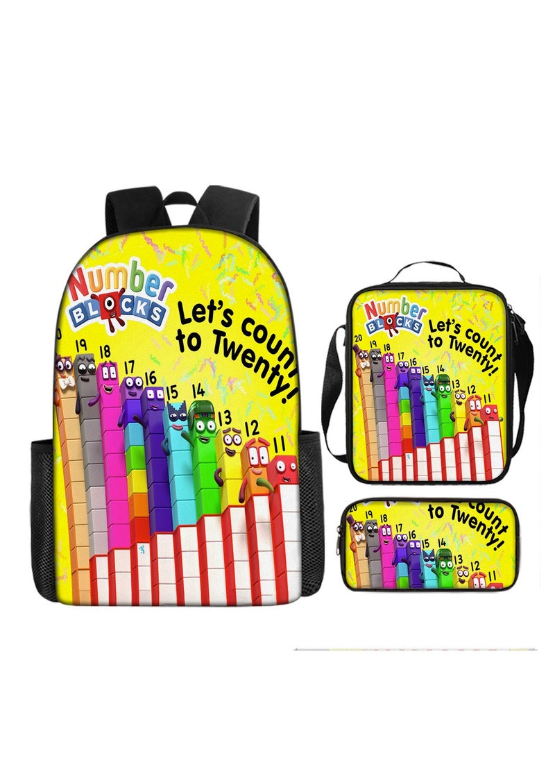Digital Printing Large Capacity Backpack Three piece Set Lunch Bag Pen Bag Polyester Comfortable Load Reducing Backpack for Students and Children Unisex