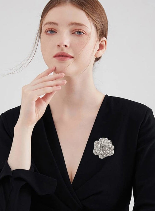 Dtja Rhinestone Rose Brooch Pin for Women Girls Fashion Crystal Big Blossom Flower Brooch Lapel Pins Elegant Dress Accessories Jewelry Boutonniere Corsage for Hat Bag Suit Tie Gift Wedding Holiday, Medium - Image 3