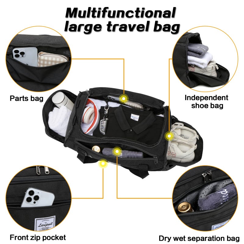 Laripwit Travel Duffle Bag for men 40L Medium Sports Gym Bag with Wet Pocket & Shoes Compartment Weekender Overnight Backpack for Traveling Duffel Bag Backpack for Women, Black - Image 4