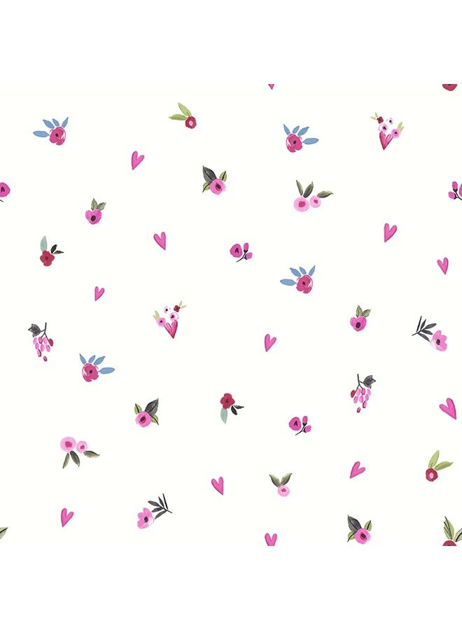 JAMEEL تخيل المرح - ورق حائط مزخرف بالزهور والقلوب - زهور وردية صغيرة وقلوب على خلفية بيضاء - ديكور لطيف لغرفة الأطفال أو غرفة النوم - Image 1