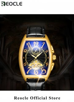 REOCLE Men's Automatic Mechanical Watch Tourbillon Moon Phase Wrist Watch with Barrel-shaped Arabic Numeral Dial & Leather Strap Retro Luxury Dress Watch  - Image 5