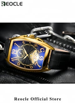 REOCLE Men's Automatic Mechanical Watch Tourbillon Moon Phase Wrist Watch with Barrel-shaped Arabic Numeral Dial & Leather Strap Retro Luxury Dress Watch  - Image 4