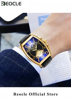 REOCLE Men's Automatic Mechanical Watch Tourbillon Moon Phase Wrist Watch with Barrel-shaped Arabic Numeral Dial & Leather Strap Retro Luxury Dress Watch  - Image 3