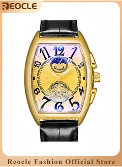 REOCLE Men's Automatic Mechanical Watch Tourbillon Moon Phase Wrist Watch with Barrel-shaped Arabic Numeral Dial & Leather Strap Retro Luxury Dress Watch  - Image 1