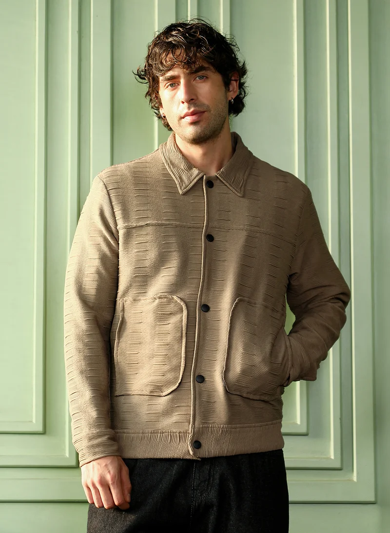 كامبوس سوترا Men Ruche-Tactile Panelled Jacket | Point Collar, Long Button-Cuff Sleeves | Snap Button , Band-Straight Hem | Solid Textured | Woven Fabric For Casual & Daily Wear | Sand Beige
