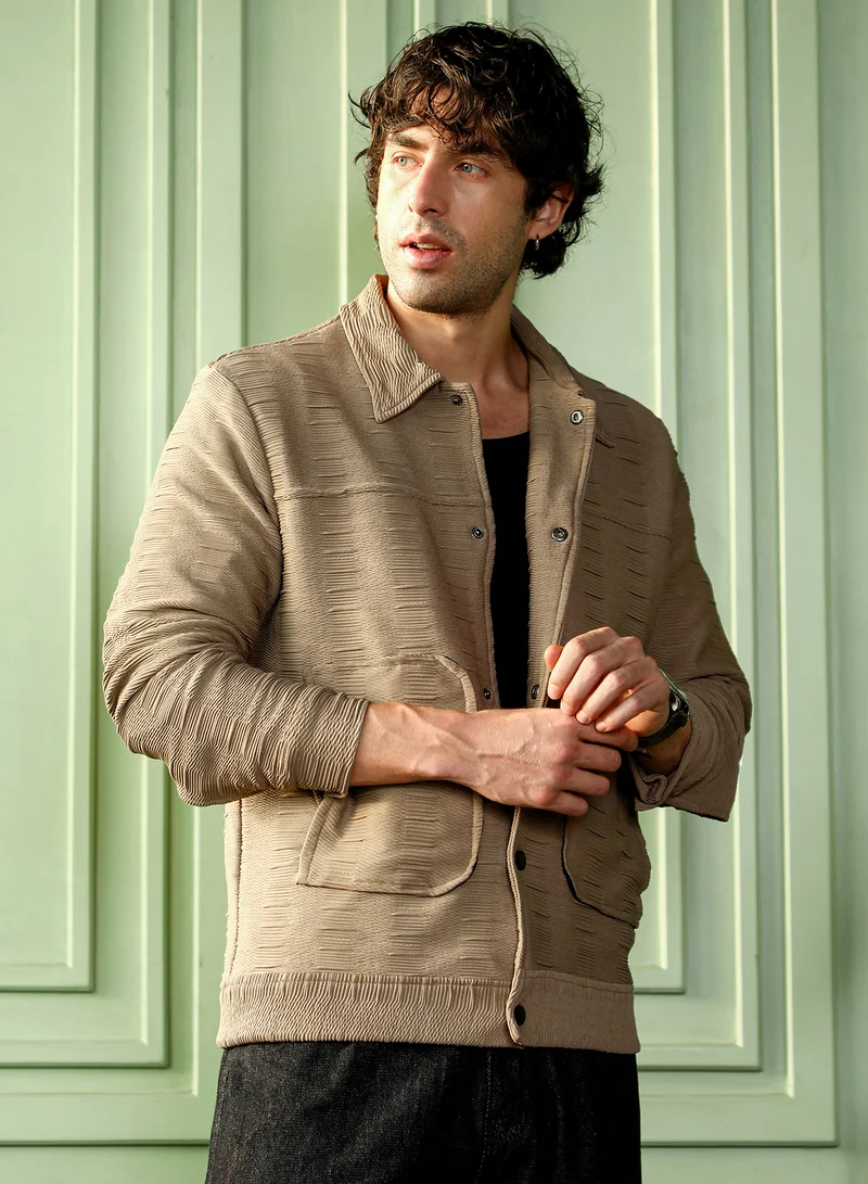 كامبوس سوترا Men Ruche-Tactile Panelled Jacket | Point Collar, Long Button-Cuff Sleeves | Snap Button , Band-Straight Hem | Solid Textured | Woven Fabric For Casual & Daily Wear | Sand Beige