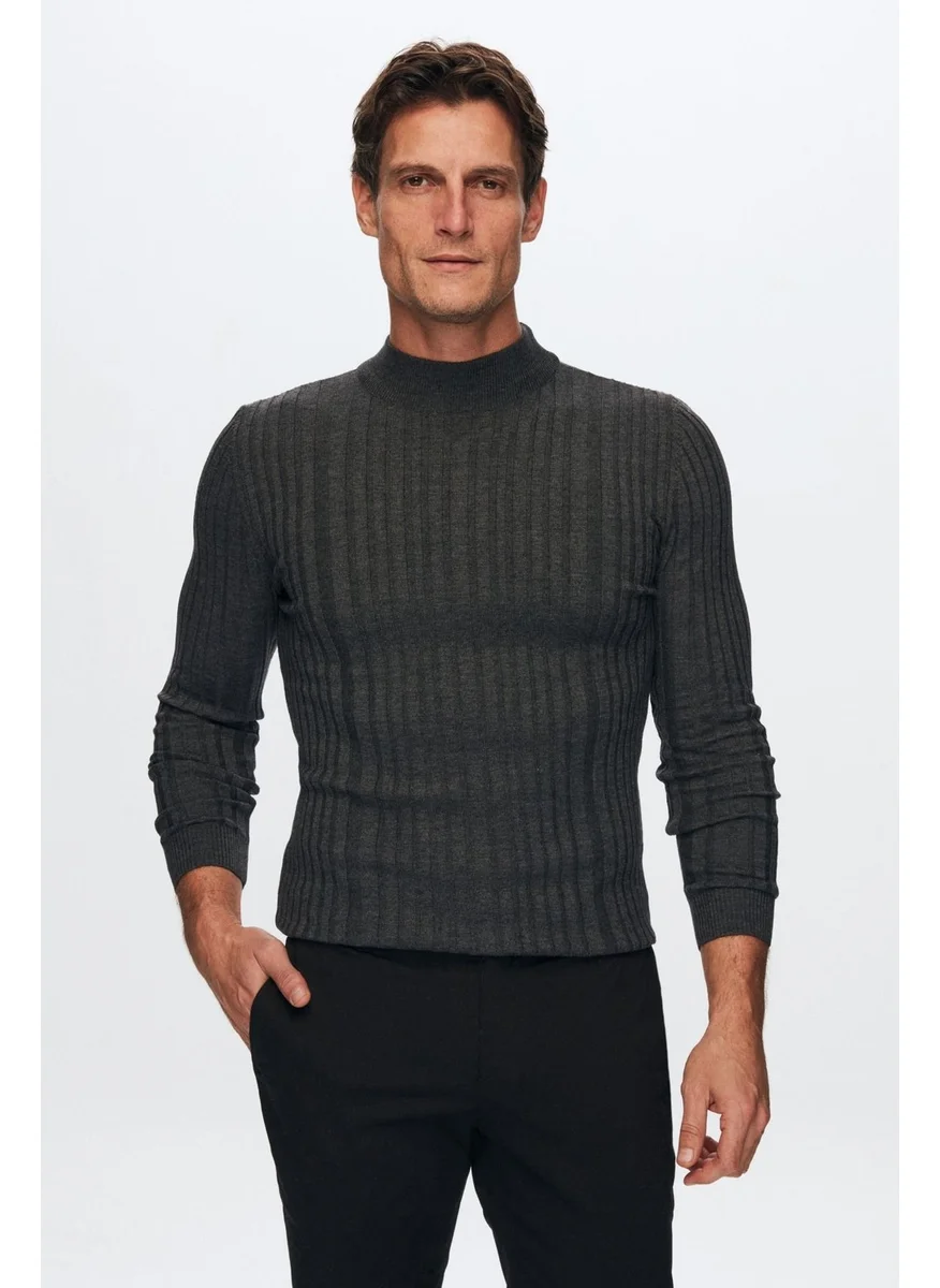 D'S DAMAT Slim Fit Anthracite Corduroy Cotton Blend Half Turtleneck Slim Fit Body-hugging Knitwear Sweater 5HF06ORT64100
