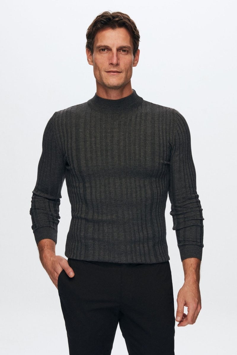 D'S DAMAT Slim Fit Anthracite Corduroy Cotton Blend Half Turtleneck Slim Fit Body-hugging Knitwear Sweater 5HF06ORT64100  - Image 1