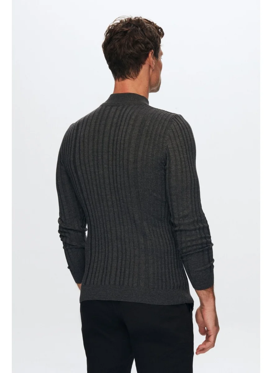 D'S DAMAT Slim Fit Anthracite Corduroy Cotton Blend Half Turtleneck Slim Fit Body-hugging Knitwear Sweater 5HF06ORT64100