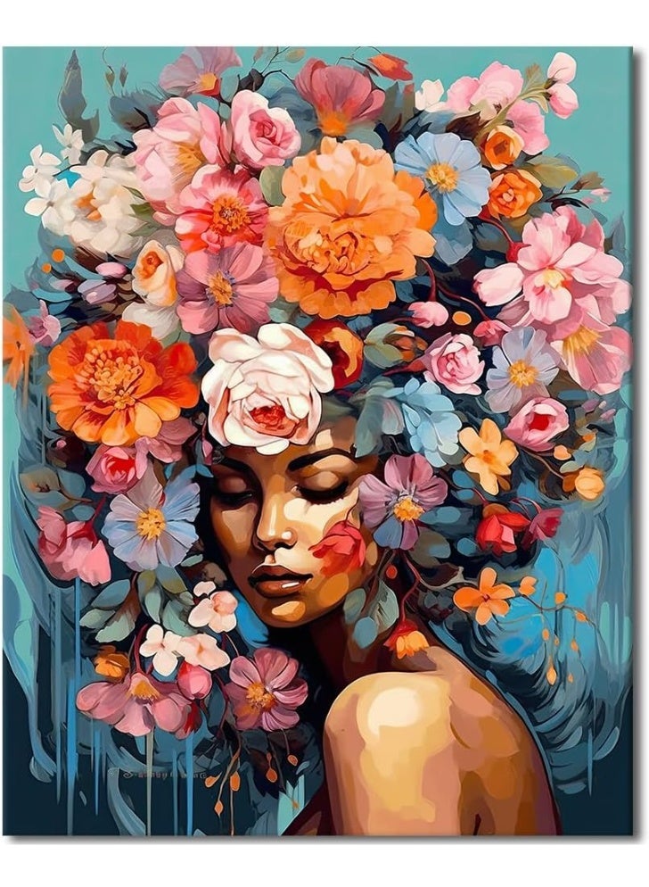 HZYH مجموعة رسم بالأرقام لفتاة جميلة للكبار، امرأة مع زهور، رسم بالأرقام، مجموعة رسم بالأرقام للكبار، لوحة قماشية فنية وحرفية 16 × 20 بوصة - Image 1