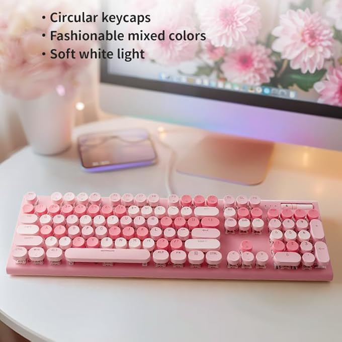 rayihni PINK KEYBOARD WIRED, WHITE BACKLIT TYPEWRITER KEYBOARD, CUTE KEYBOARD WITH VOLUME KNOB, LIGHT SWITCH BUTTON, FOLDABLE STANDS, FULL SIZE WIRED KEYBOARD WITH NUMBER PAD FOR COMPUTER PC LAPTOP (PINK) - Image 2