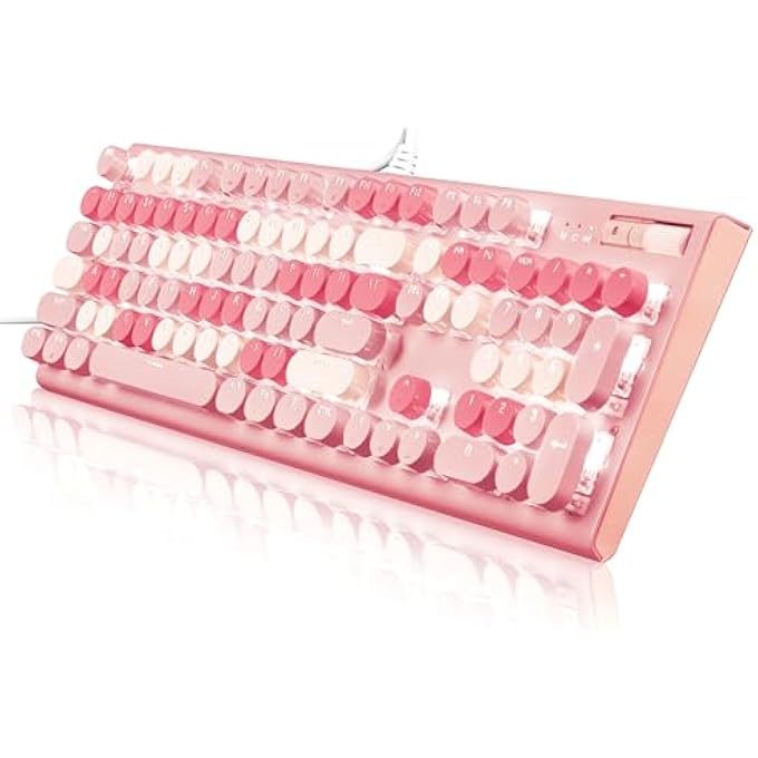 rayihni PINK KEYBOARD WIRED, WHITE BACKLIT TYPEWRITER KEYBOARD, CUTE KEYBOARD WITH VOLUME KNOB, LIGHT SWITCH BUTTON, FOLDABLE STANDS, FULL SIZE WIRED KEYBOARD WITH NUMBER PAD FOR COMPUTER PC LAPTOP (PINK) - Image 1