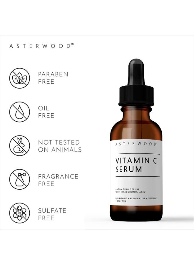Asterwood Naturals سيروم الوجه النقي بفيتامين سي من أستر وود مع حمض الهيالورونيك العضوي؛ تفتيح، تنعيم، ترطيب؛ خالي من العطور، خالي من البارابين، 29 مل/1 أونصة - Image 2