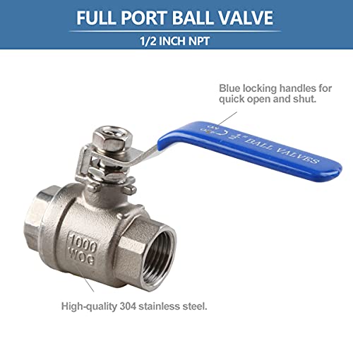 YanTone 1/2 Inch Full Port Ball Valve, 304 Stainless Steel Shut Off Valve for Water Oil and Gas, 1000 PSI (WOG) - 1/2" NPT, 1 Piece - Image 2