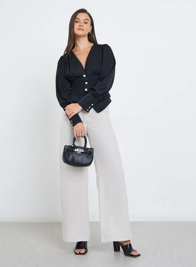 Styli Styli Solid Buttoned Balloon Sleeve Top