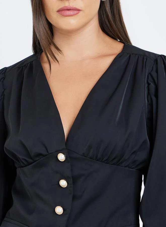 Styli Styli Solid Buttoned Balloon Sleeve Top