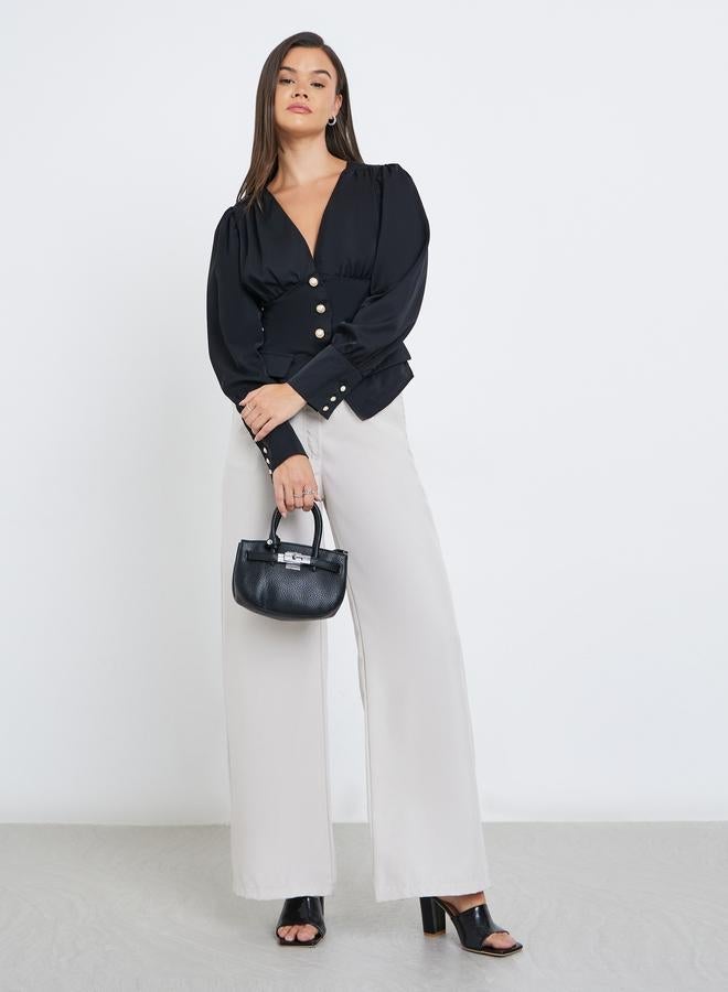 Styli Solid Buttoned Balloon Sleeve Top - Image 2