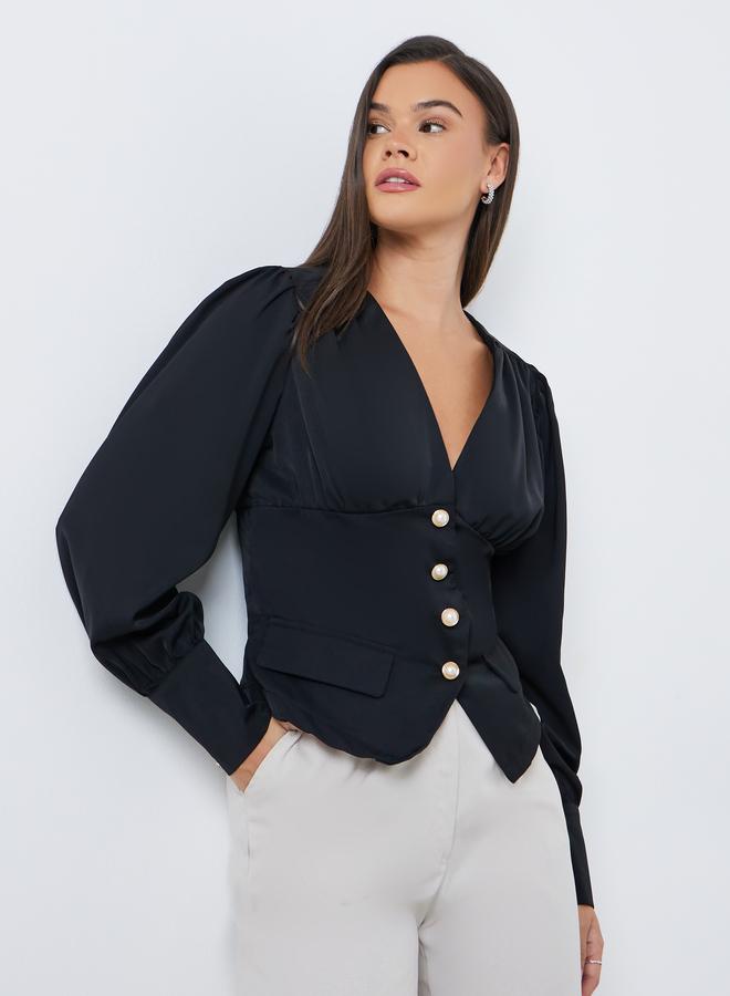 Styli Solid Buttoned Balloon Sleeve Top - Image 1