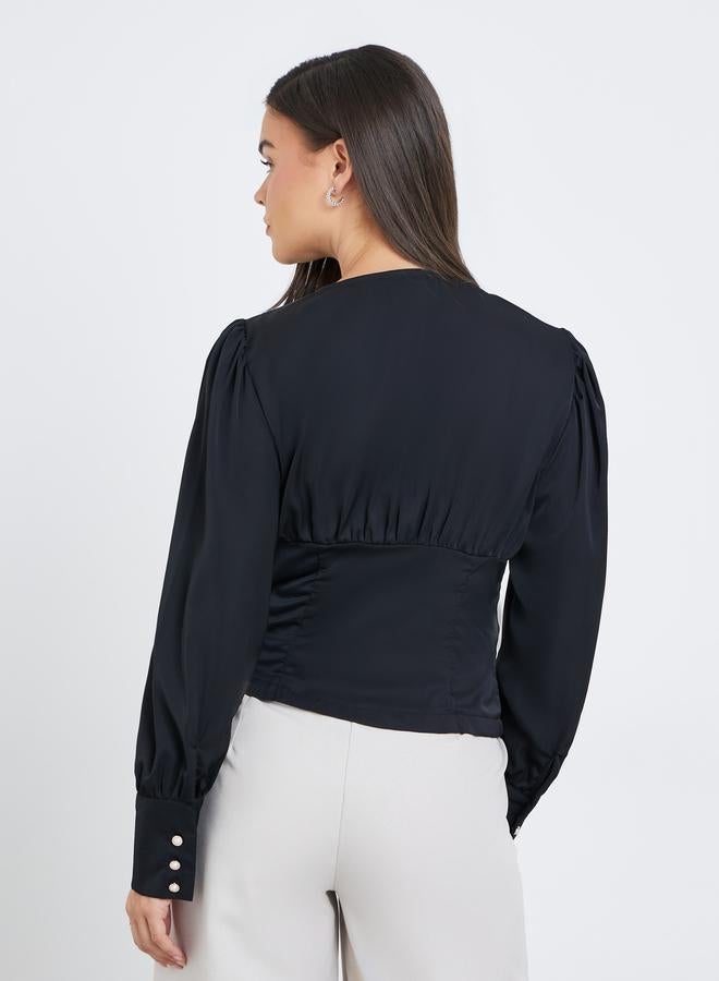 Styli Solid Buttoned Balloon Sleeve Top - Image 4