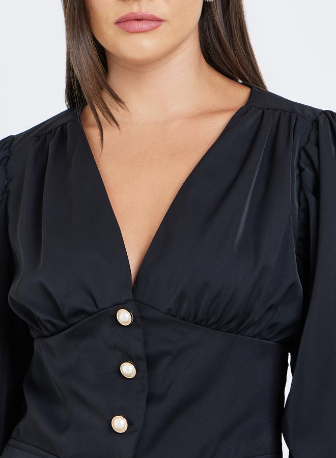 Styli Solid Buttoned Balloon Sleeve Top - Image 3