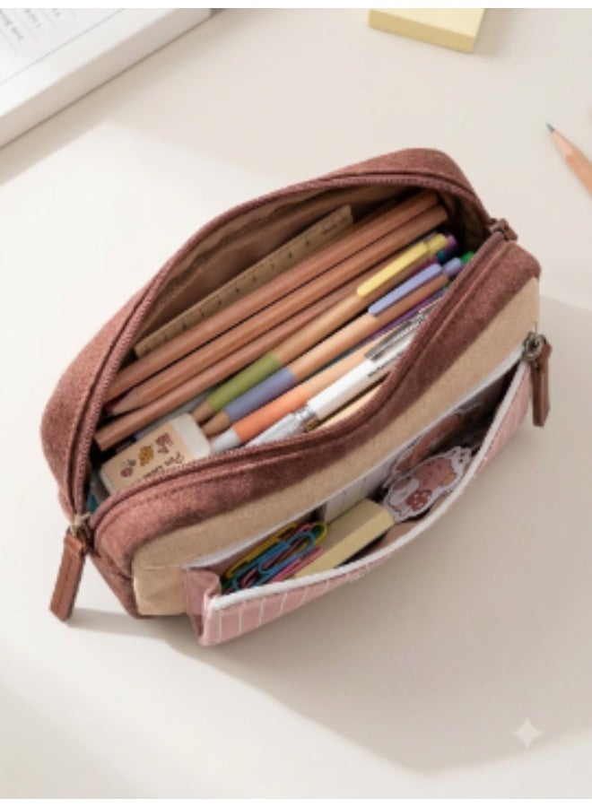 Kidzilla Brown and Pink Ribbed Pencil Case with Front Zipper Pocket, Large School Stationery Pouch - Image 2