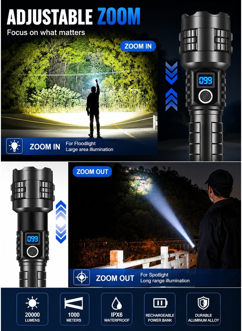 QLIGHT Rechargeable LED Flashlight 20000 Lumens High Power Torch, USB Fast Charging, Digital Battery Display, 5 Lighting Modes, Waterproof Tactical Flashlight with Carry Case, Long Range Searchlight for Camping, Emergency & Outdoor Use - Image 3