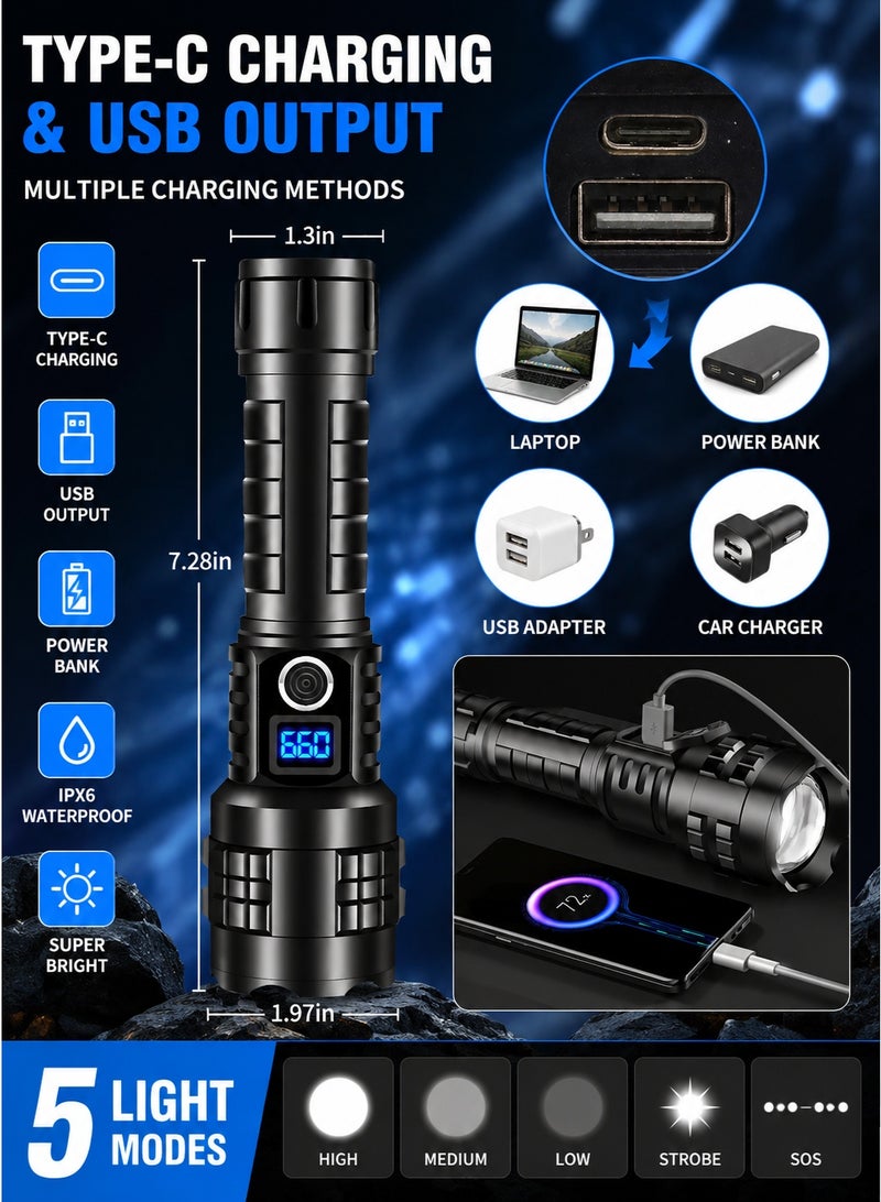 QLIGHT Rechargeable LED Flashlight 20000 Lumens High Power Torch, USB Fast Charging, Digital Battery Display, 5 Lighting Modes, Waterproof Tactical Flashlight with Carry Case, Long Range Searchlight for Camping, Emergency & Outdoor Use - Image 4