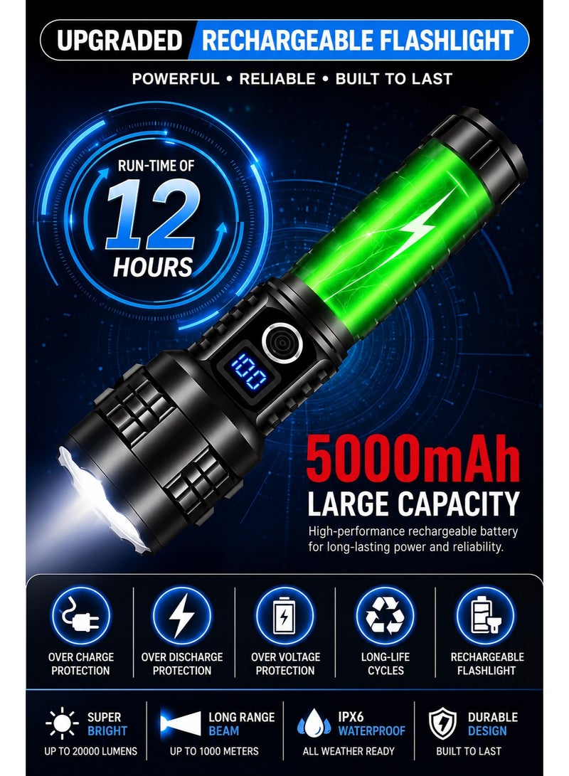 QLIGHT Rechargeable LED Flashlight 20000 Lumens High Power Torch, USB Fast Charging, Digital Battery Display, 5 Lighting Modes, Waterproof Tactical Flashlight with Carry Case, Long Range Searchlight for Camping, Emergency & Outdoor Use - Image 5