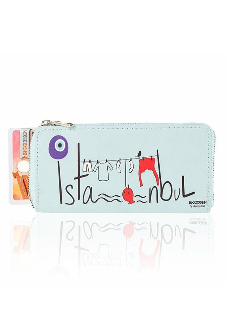 بيج ديزاين محفظة عزر العين لون أزرق من جلد البولي يوريثان بسحاب 12 مقصورة لبطاقات المحفظة النسائية - Image 1