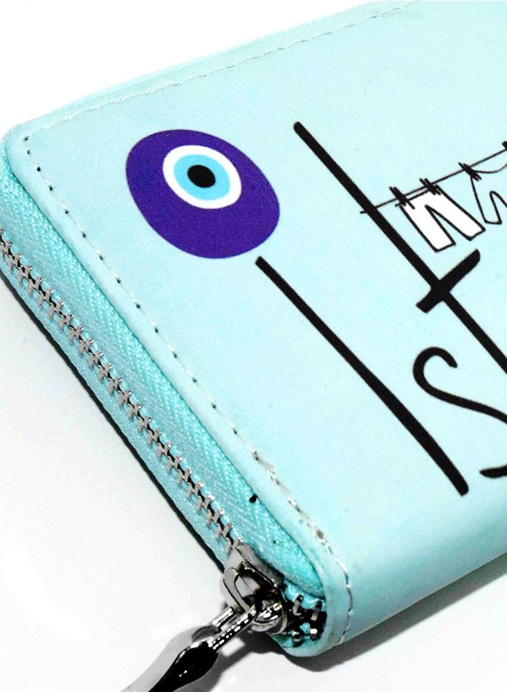 بيج ديزاين محفظة عزر العين لون أزرق من جلد البولي يوريثان بسحاب 12 مقصورة لبطاقات المحفظة النسائية - Image 5