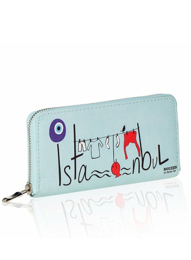 بيج ديزاين محفظة عزر العين لون أزرق من جلد البولي يوريثان بسحاب 12 مقصورة لبطاقات المحفظة النسائية - Image 3