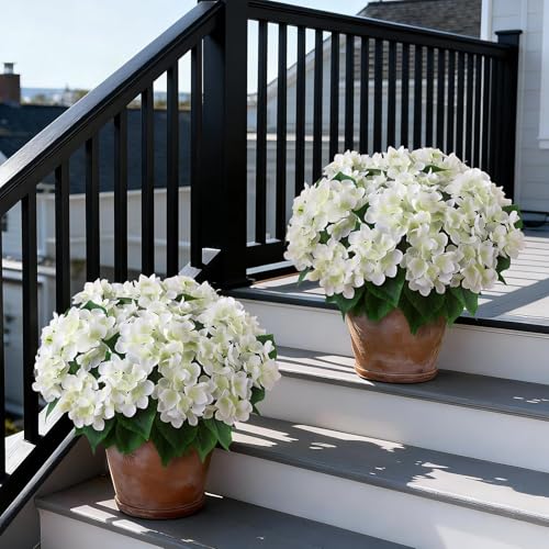 FOTEEWL Artificial Hydrangea Flower Topiary Trees - 2 Sets Faux Silk Flower Potted Plant, UV Resistant Fake Outdoor Hydrangea Bush for Front Door, Farmhouse,Garden, Porch Decor (White) - Image 2