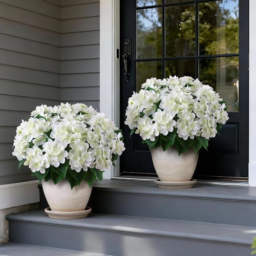 FOTEEWL Artificial Hydrangea Flower Topiary Trees - 2 Sets Faux Silk Flower Potted Plant, UV Resistant Fake Outdoor Hydrangea Bush for Front Door, Farmhouse,Garden, Porch Decor (White) - Image 3
