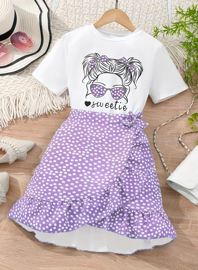 Take Two Girls Graphic Print T-Shirt and Wrap Skirt Set