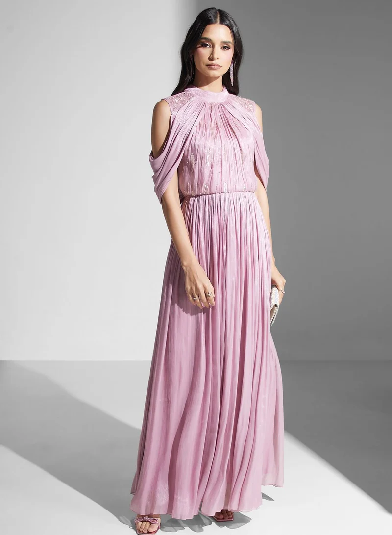 Namshi x Pleated Cold-Shoulder Dress