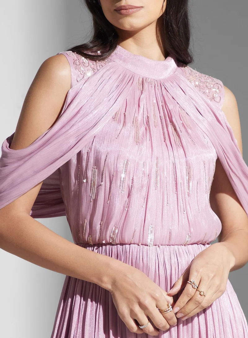 Namshi x Pleated Cold-Shoulder Dress