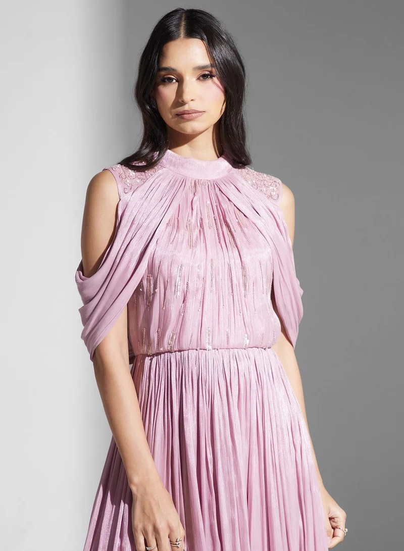 Namshi x Pleated Cold-Shoulder Dress