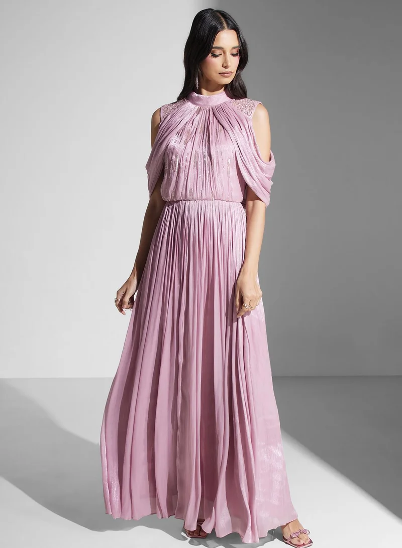 Namshi x Pleated Cold-Shoulder Dress