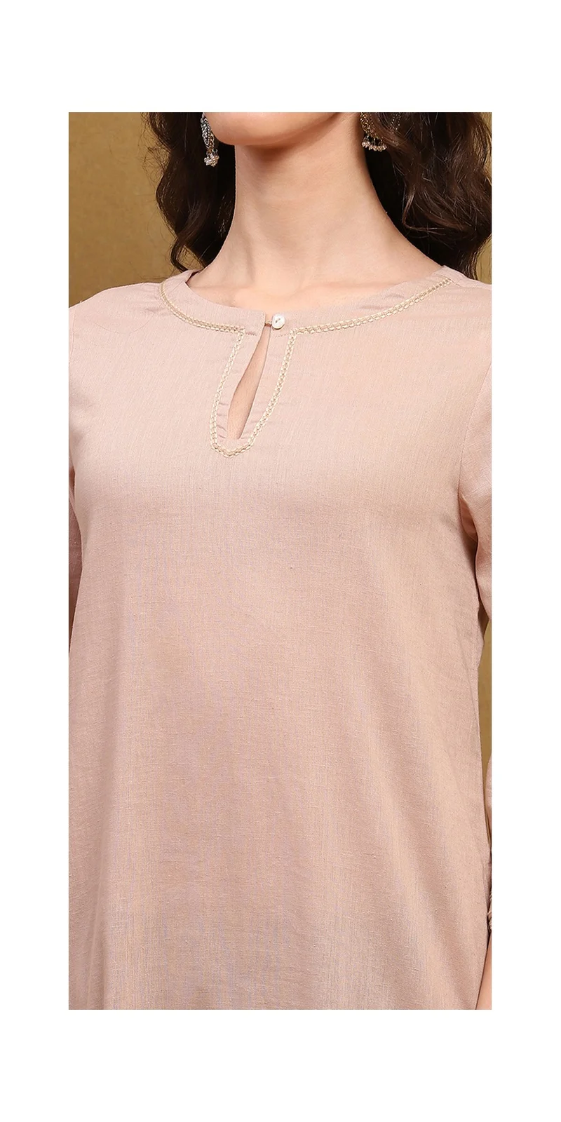 Biba Beige Cotton Blend Solid Straight Kurta