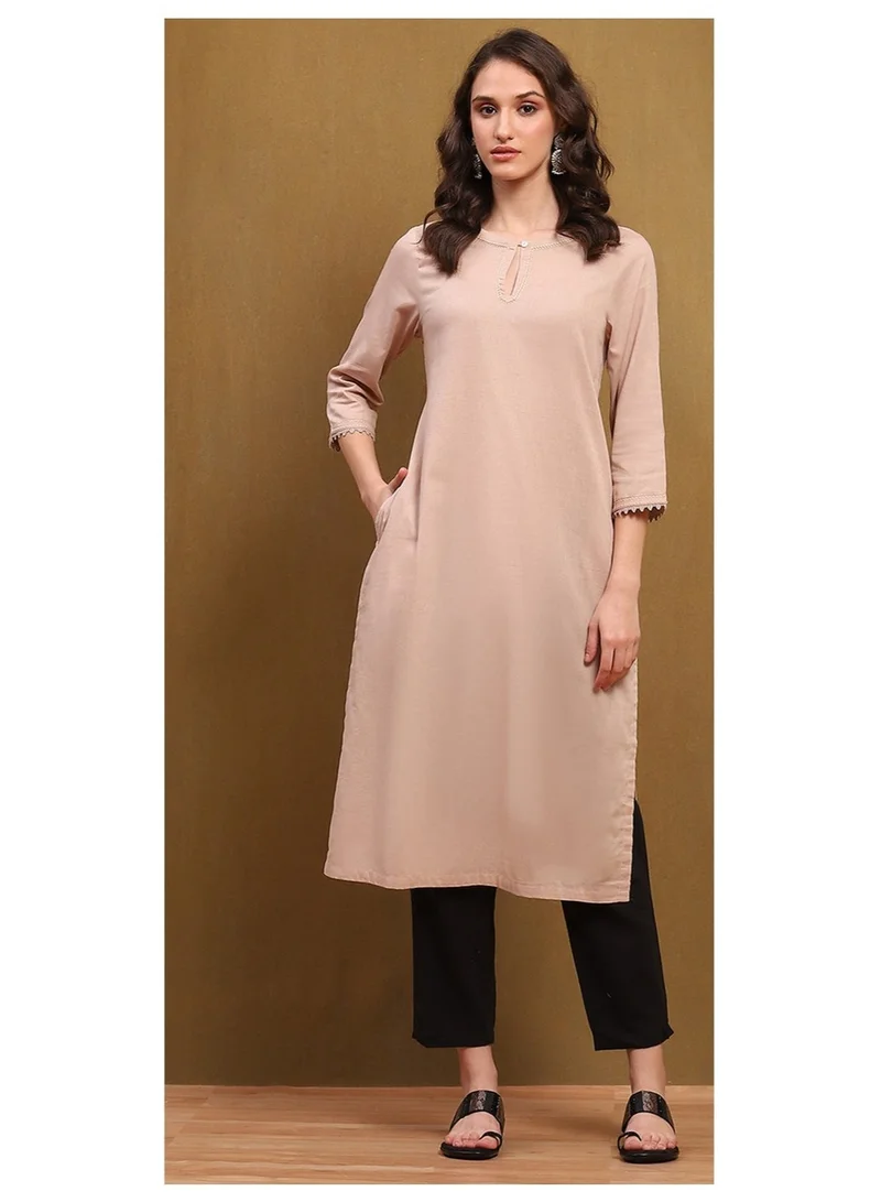 Biba beige Beige Cotton Blend Solid Straight Kurta for Women | Best Price UAE