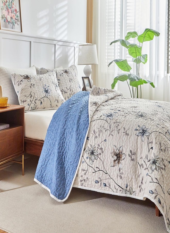 Shxime Floral Quilt Set Queen 3 Pieces Queen Size Reversible Botanical Spring Flower Quilt Bedding Set,Microfiber Lightweight Bedspread, Coverlet Set for All Seasons - Image 5