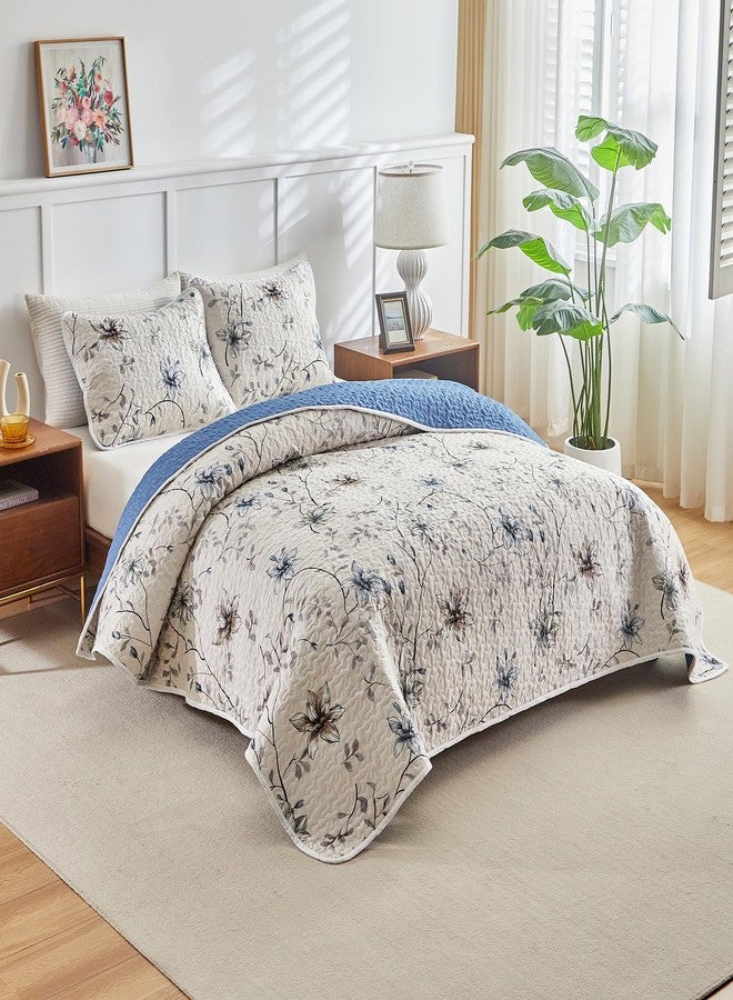 Shxime Floral Quilt Set Queen 3 Pieces Queen Size Reversible Botanical Spring Flower Quilt Bedding Set,Microfiber Lightweight Bedspread, Coverlet Set for All Seasons - Image 3