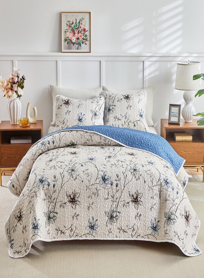 Shxime Floral Quilt Set Queen 3 Pieces Queen Size Reversible Botanical Spring Flower Quilt Bedding Set,Microfiber Lightweight Bedspread, Coverlet Set for All Seasons - Image 2