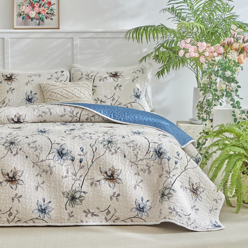 Shxime Floral Quilt Set Queen 3 Pieces Queen Size Reversible Botanical Spring Flower Quilt Bedding Set,Microfiber Lightweight Bedspread, Coverlet Set for All Seasons - Image 1