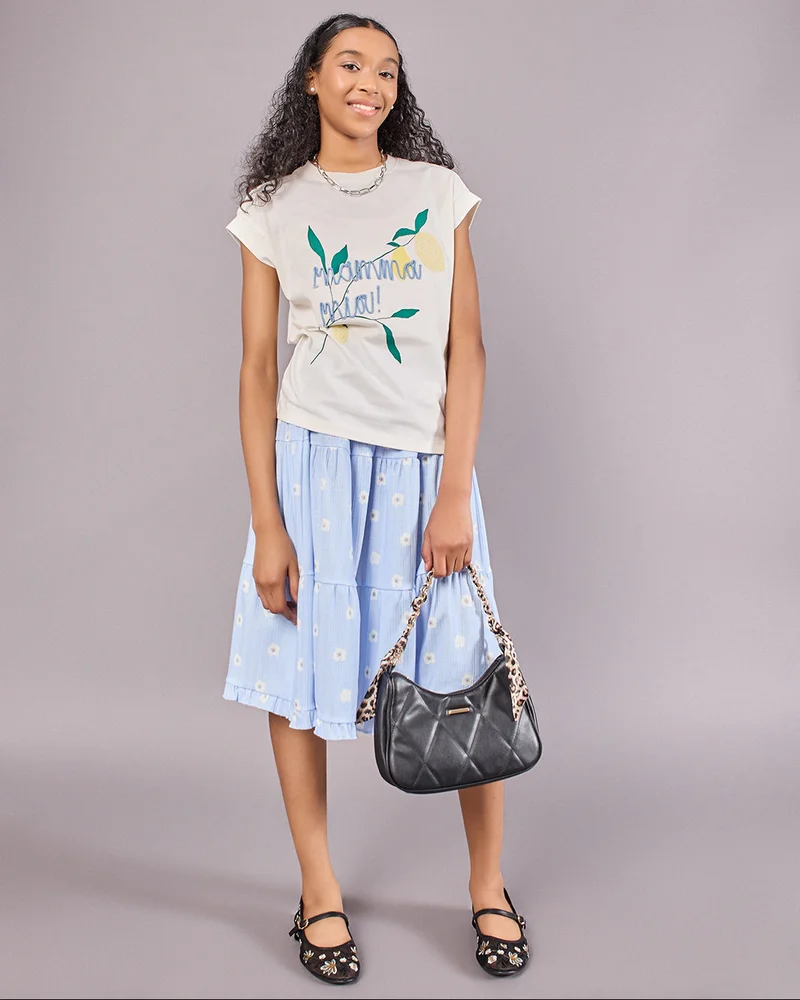 Redtag Senior Girls Blue Floral Printed Skirt