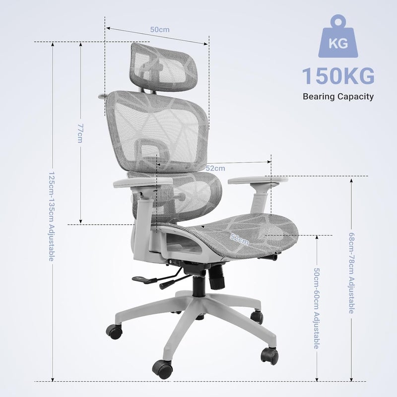 Ergonomic Office Chair, Home Gaming Computer Chair High Back with Dynamic Lumbar Support, 3D Armrest, Double Backrest, Adjustable Headrest, Tilt Swivel, Black（without Footrest） (Gray) - Image 2