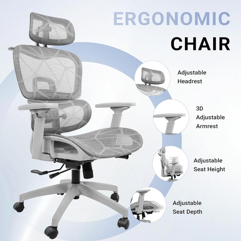 Ergonomic Office Chair, Home Gaming Computer Chair High Back with Dynamic Lumbar Support, 3D Armrest, Double Backrest, Adjustable Headrest, Tilt Swivel, Black（without Footrest） (Gray) - Image 3